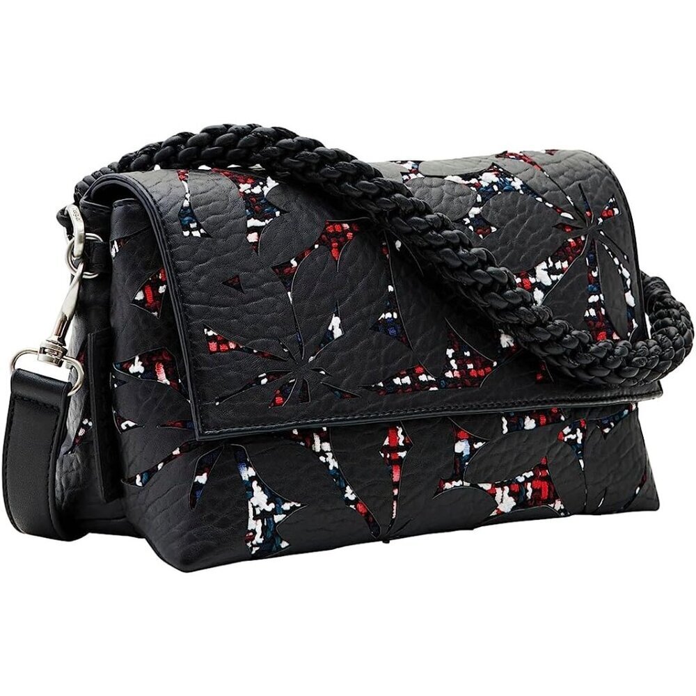 Midsize Faux Leather Flower Crossbody Bag Adjustable Detachable Straps